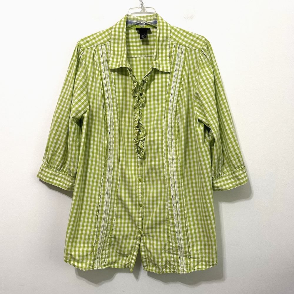 Lane Bryant Blouse Plus 22/24 Lime Green Gingham Button Front‎ 3/4 Sleeve Summer